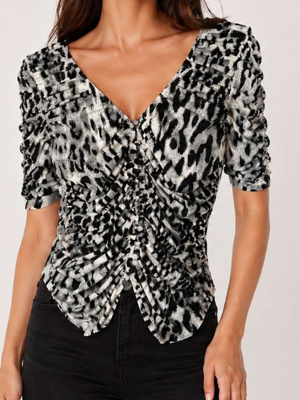 Anthropologie Sunday in Brooklyn Ruched Top Snow Leopard Minimalist NWOT XS